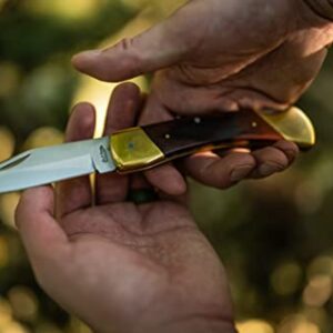 Uncle Henry LB7CP Bear Paw Traditional Lockback Pocket Knife with 3.7in Clip Point High Carbon S.S. Blade, Wood Handle, Brass Bolsters, and Leather Belt Sheath for EDC, Hunting, Camping, and Outdoors,Brown