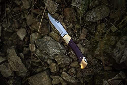 Uncle Henry LB7CP Bear Paw Traditional Lockback Pocket Knife with 3.7in Clip Point High Carbon S.S. Blade, Wood Handle, Brass Bolsters, and Leather Belt Sheath for EDC, Hunting, Camping, and Outdoors,Brown