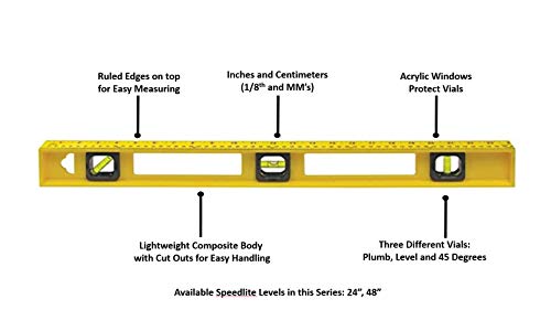 Swanson Tool Co PL0024 24 inch Speedlite Ruled-Edge Composite Level with Inches/Metric Marks (60 cm) 3 Bubble Vials for 0°/90°/45° Measurements,Yellow