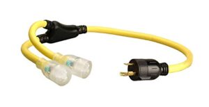 woods coleman cable 01915 3-feet generator power cord adapter, 10/3 splitter y adapter, l5-30p to (2) lighted 5-20r