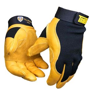 john tillman and co large black and gold truefit cowhide and spandex full finger mechanics gloves with elastichook and loop cuff