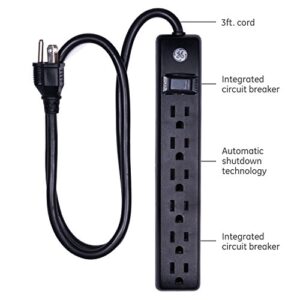 GE 6-Outlet Surge Protector 2 Pack, 3 Ft Extension Cord, Power Strip, 450 Joules, On/Off Switch, Integrated Circuit Breaker, Heavy Duty, Warranty, UL Listed, Black, 83969
