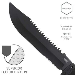 SOG Jungle Primitive Fixed Blade- Field and Camping Tactical Machete with Sheath for Clearing Brush, Full Tang Survival Knife 15.3 Inches (F03TN-CP), Steel,Black