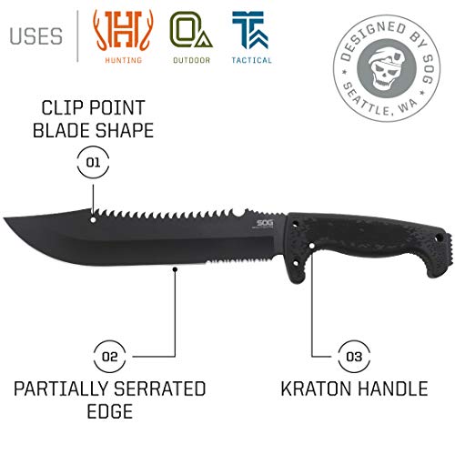 SOG Jungle Primitive Fixed Blade- Field and Camping Tactical Machete with Sheath for Clearing Brush, Full Tang Survival Knife 15.3 Inches (F03TN-CP), Steel,Black