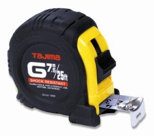tajima tape measure - 25 ft / 7.5 m x 1 inch g-series measuring tape with dual metric/standard scale & acrylic coated blade - g-25/7.5mbw