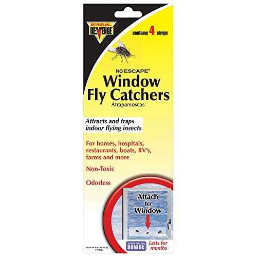 REVENGE No Escape Window Fly Catchers, Pack of 4 Non-Toxic Sticky Tape Strips for Indoor Use, Attract & Trap Insects