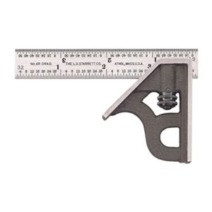 starrett steel combination square with square head - 4" blade length, cast iron heads, hardened steel, reversible lock bolt, 4r graduation type - 11h-4-4r