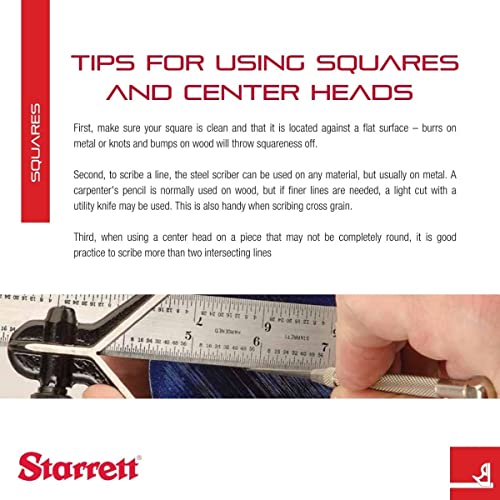 Starrett Steel Combination Square with Square Head - 4" Blade Length, Cast Iron Heads, Hardened Steel, Reversible Lock Bolt, 4R Graduation Type - 11H-4-4R