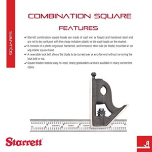 Starrett Steel Combination Square with Square Head - 6" Blade Length, Cast Iron Head, Hardened Steel, Reversible Lock Bolt, Scriber, 4R Graduation Type - C11H-6-4R