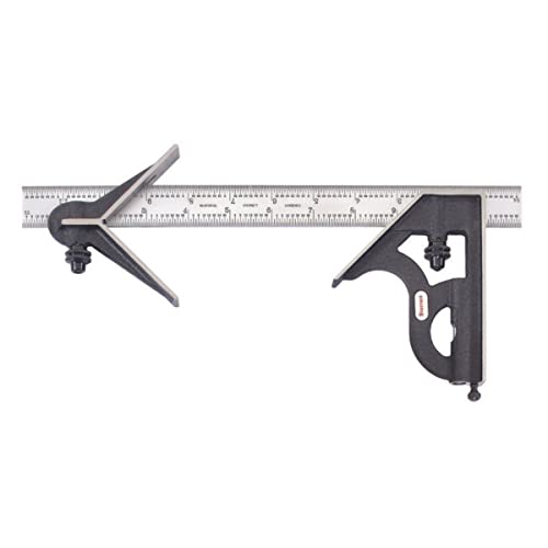 Starrett Steel Combination Square with Square and Center Head - 12" Blade Length, Cast Iron Heads, Hardened Steel, Reversible Lock Bolt, 4R Graduation Type - C11HC-12-4R