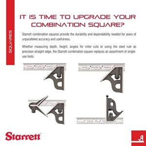 Starrett Steel Combination Square with Square and Center Head - 12" Blade Length, Cast Iron Heads, Hardened Steel, Reversible Lock Bolt, 4R Graduation Type - C11HC-12-4R