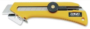 olfa 18mm packaging material utility knife (cl) - multi-purpose precision knife w/custom cutting depth, staple remover, flat cutting base & snap-off blade, replacement blades: any olfa 18mm blade