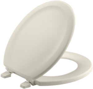 kohler 4648-47 stonewood toilet seat round,wood toilet seat, round toilet seats for standard toilets, toilet lid with color-matched plastic hinges, almond
