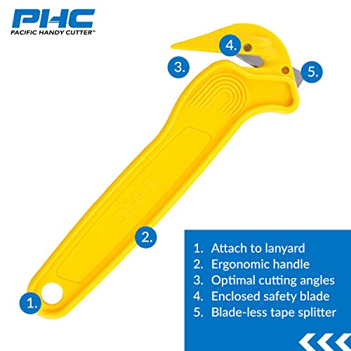 Pacific Handy Cutter DFC364 Disposable Film Cutter, Sharp & Durable Steel Blade, Safe and Efficient Cutting Design for Shrink Wrap, Stretch Wrap, Tape, and Plastic Straps , Yellow