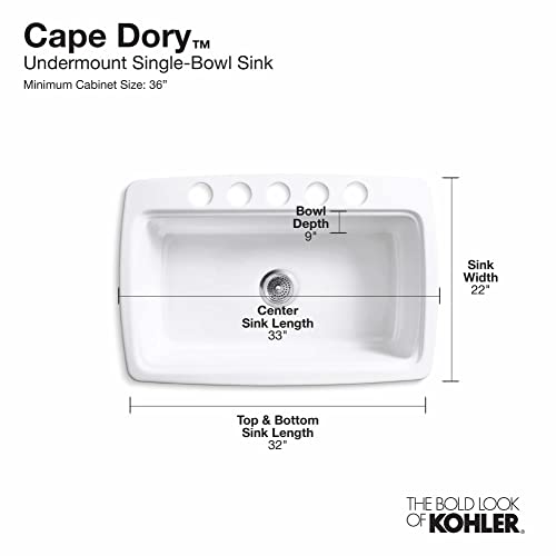 Kohler K-5864-5U-0 Cape Dory Undercounter Kitchen Sink, White, 2.375
