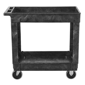 rubbermaid commercial products 2-shelf service/utility cart with wheels, 300-pound capacity, black, lipped shelves with handle, use in school/restaurant/warehouse/manufacturing