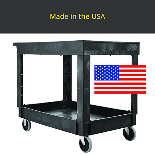 Rubbermaid Commercial Products 2-Shelf Service/Utility Cart with Wheels, 300-Pound Capacity, Black, Lipped Shelves with Handle, Use in School/Restaurant/Warehouse/Manufacturing