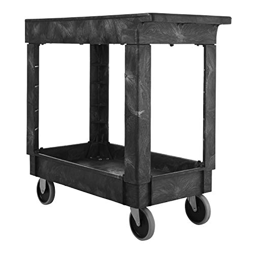 Rubbermaid Commercial Products 2-Shelf Service/Utility Cart with Wheels, 300-Pound Capacity, Black, Lipped Shelves with Handle, Use in School/Restaurant/Warehouse/Manufacturing