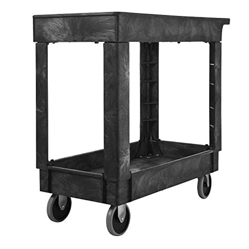 Rubbermaid Commercial Products 2-Shelf Service/Utility Cart with Wheels, 300-Pound Capacity, Black, Lipped Shelves with Handle, Use in School/Restaurant/Warehouse/Manufacturing