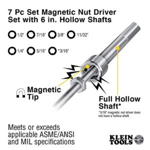 Klein Tools 647M Tool Set, Magnetic Nut Drivers Sizes 3/16, 1/4, 5/16, 11/32, 3/8, 7/16, 1/2-Inch, 6-Inch Hollow Shafts, 7-Piece