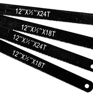 Performance Tool W741C High Carbon Steel Saw Blades - 4 Pack, 18 and 24 Teeth Per-Inch, 12-Inch Length for Efficient Cutting