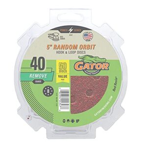 gator 5" random orbit hook & loop red resin aluminum oxide sanding discs, 8-hole, 40 grit, 50 pack