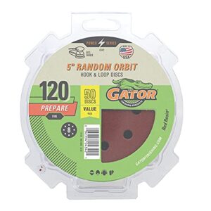 gator 5" random orbit hook & loop red resin aluminum oxide sanding discs, 8-hole, 120 grit, 50 pack