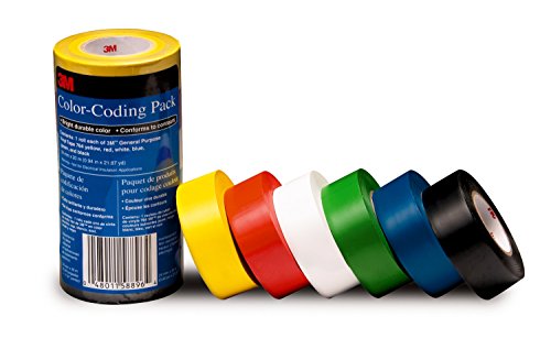 3M 70006409562 General Purpose Vinyl Tape 764, Color Coding (6 Rolls per Pack), 6 Pack, Multicolor