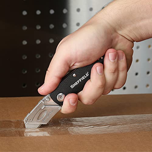 Sheffield 12613 Ultimate Lock Back Utility Knife, Folding, Box Cutter Knife, Carpet Knife, Drywall Cutter, and More, Quick-Change Blade, Back Lock Design, Black