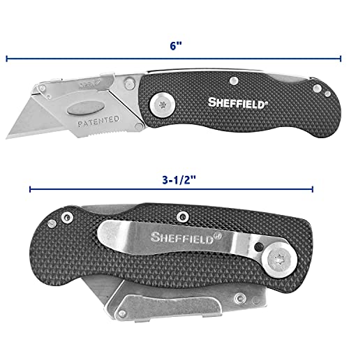 Sheffield 12613 Ultimate Lock Back Utility Knife, Folding, Box Cutter Knife, Carpet Knife, Drywall Cutter, and More, Quick-Change Blade, Back Lock Design, Black