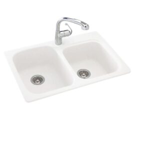 swanstone ks03322db.010 solid surface 1-hole dual mount double-bowl kitchen sink, 33-in l x 22-in h x 9-in h, white