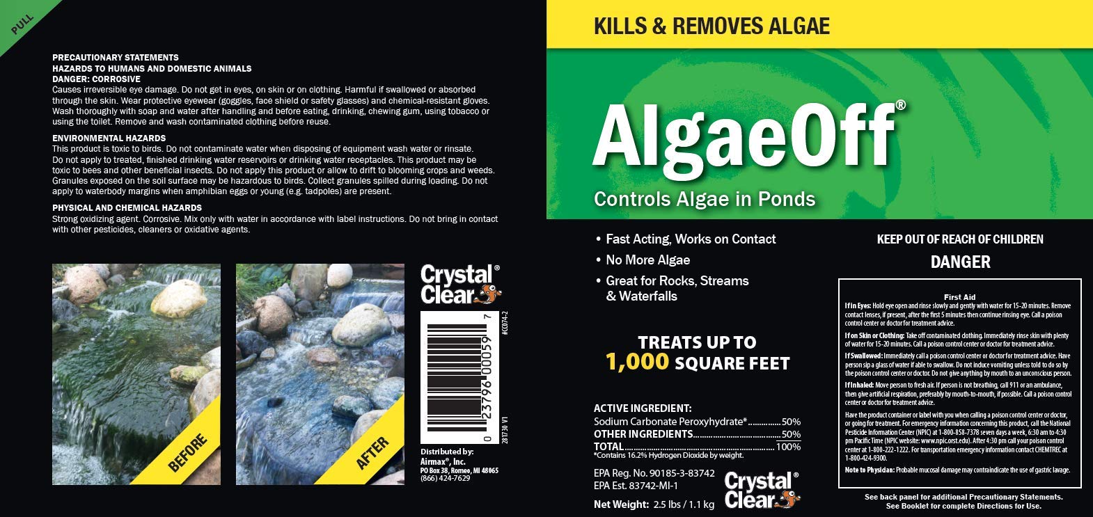 CrystalClear AlgaeOff Pond Algae Control Treatment, for Cleaner & Clearer Pond Water, EPA Registered Algaecide Treatment, Safe for Use in Ponds Containing Fish and Plants, Treats 1000 sq, 2.5 lbs