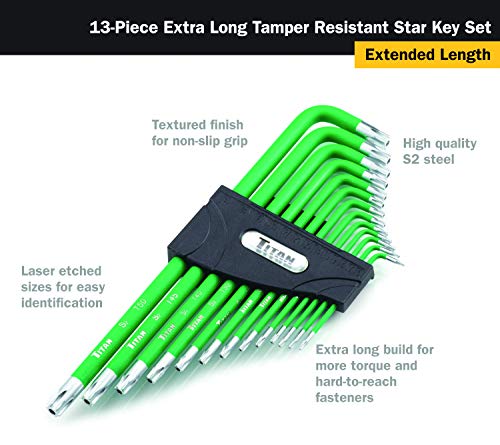 Titan 12715 Extra-Long Arm Tamper Resistant Star Key Set - 13 Piece , Green