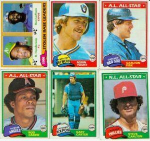 1981 topps baseball complete near mint 726 card set. features rookie cards of tim raines, fernando valenzuela, kirk gibson and others plus rickey henderson's 2nd year card! loaded with stars including george brett, nolan ryan, mike schmidt, yaz, robin you