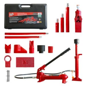 big red 4 ton porta power kit, 17-pcs hydraulic ram auto body frame repair kit with blow mold carrying storage case, 8000 lbs capacity,red, t70401s torin