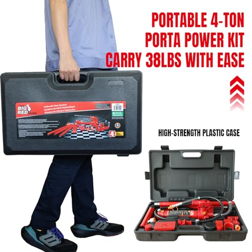 BIG RED 4 Ton Porta Power Kit, 17-Pcs Hydraulic Ram Auto Body Frame Repair Kit With Blow Mold Carrying Storage Case, 8000 Lbs Capacity,Red, T70401S Torin