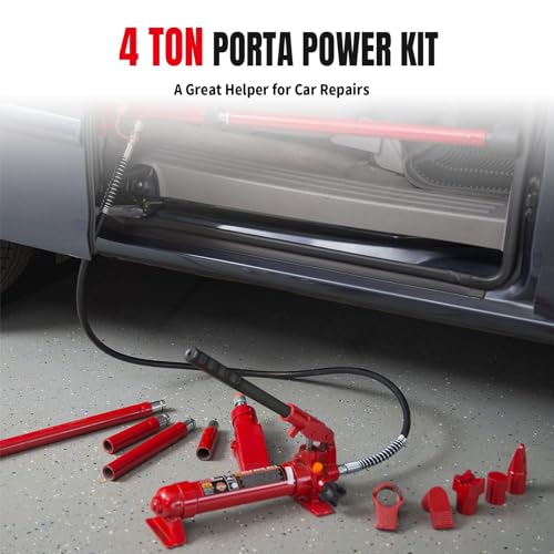 BIG RED 4 Ton Porta Power Kit, 17-Pcs Hydraulic Ram Auto Body Frame Repair Kit With Blow Mold Carrying Storage Case, 8000 Lbs Capacity,Red, T70401S Torin