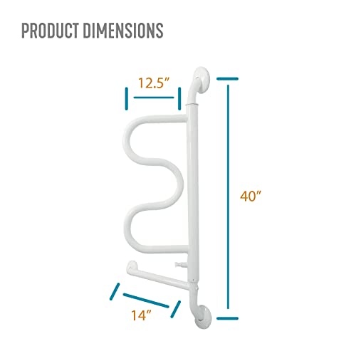 Stander Curve Grab Bar with Handrail, 14-Inch Bathroom Security Assist Bar for Toilet, Shower, and Bathtub Aid, Rotating Safety Handle, Wall Mounted Swing Grab Bar for Adults, Seniors, and Elderly