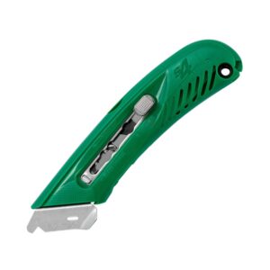 pacific handy cutter s4r safety cutter, retractable utility knife with an ergonomical design, bladeless tape splitter, steel guard for safety and damage protection, for warehouse and in-store cutting , green
