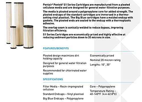 Pentair Pentek S1 Sediment Water Filter, 10-Inch, Under Sink Pleated Cellulose Filter Cartridge, 10" x 2.5", 20 Micron