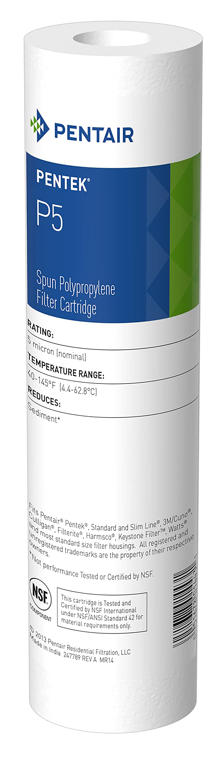 Pentair Pentek P5 Sediment Water Filter, 10-Inch, Under Sink Spun-Bonded Polypropylene Replacement Cartridge, 10" x 2.5", 5 Micron