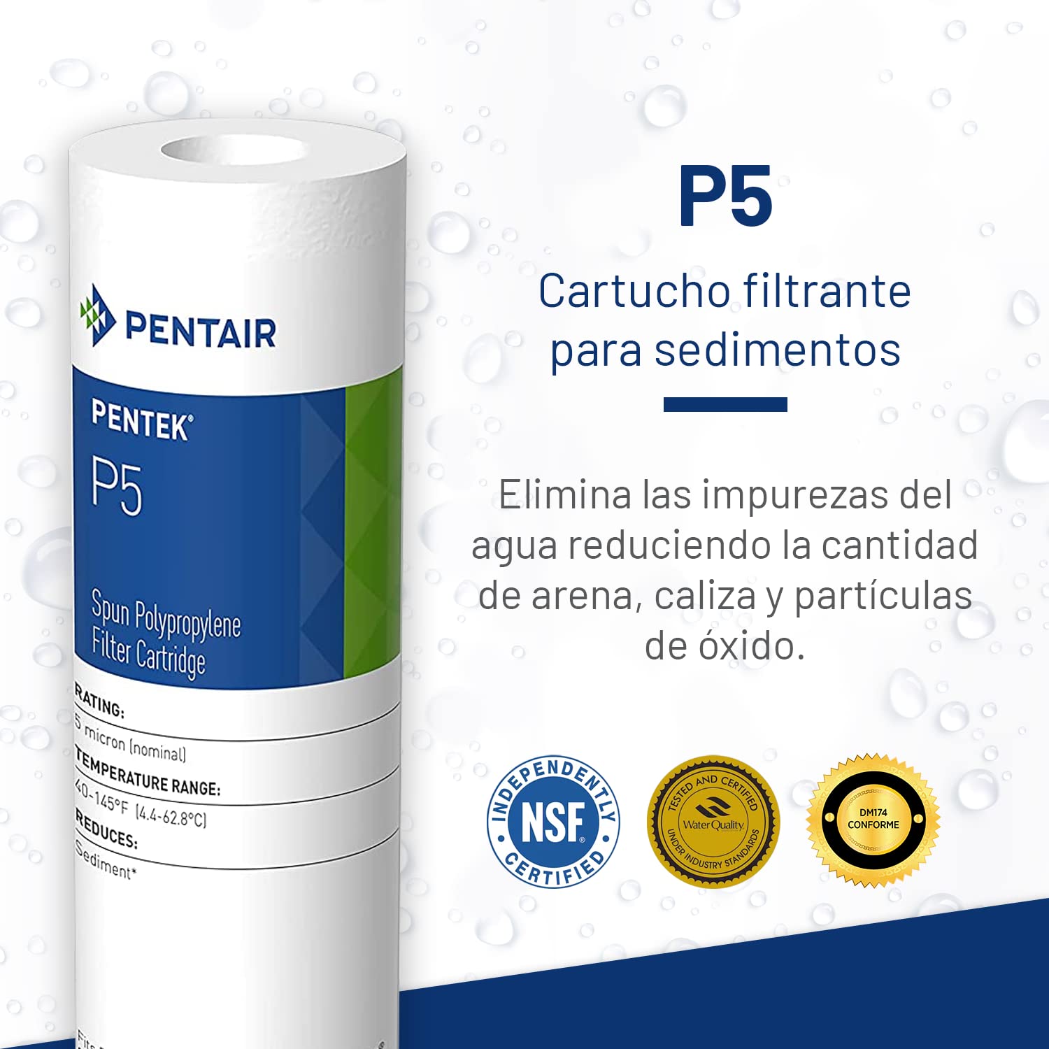 Pentair Pentek P5 Sediment Water Filter, 10-Inch, Under Sink Spun-Bonded Polypropylene Replacement Cartridge, 10" x 2.5", 5 Micron