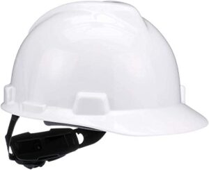 msa 475358 v-gard cap style safety hard hat with fas-trac iii ratchet suspension | polyethylene shell, superior impact protection, self adjusting crown-straps - standard size in white