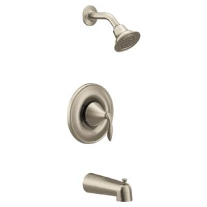 moen eva brushed nickel posi-temp single-handle tub and shower trim kit with shower head, shower arm, tub spout, and lever handle, (valve required), t2133bn