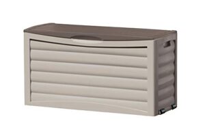 suncast 63-gallon medium deck box - lightweight resin indoor/outdoor storage container and seat for patio cushions, gardening tools and toys - store items on patio, garage, yard - gray (db6300)