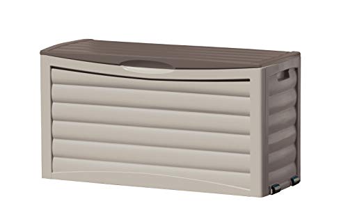 Suncast 63-Gallon Medium Deck Box - Lightweight Resin Indoor/Outdoor Storage Container and Seat for Patio Cushions, Gardening Tools and Toys - Store Items on Patio, Garage, Yard - Gray (DB6300)