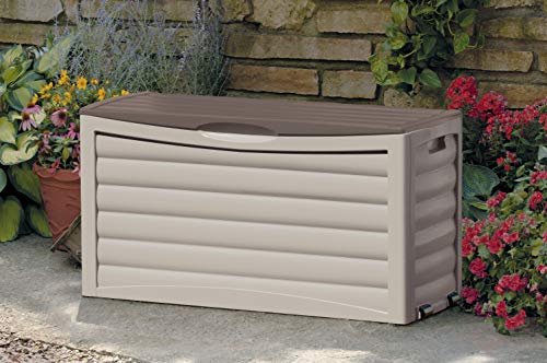 Suncast 63-Gallon Medium Deck Box - Lightweight Resin Indoor/Outdoor Storage Container and Seat for Patio Cushions, Gardening Tools and Toys - Store Items on Patio, Garage, Yard - Gray (DB6300)