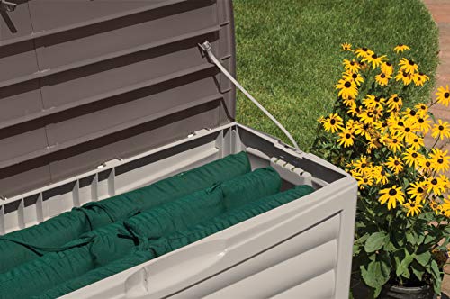 Suncast 63-Gallon Medium Deck Box - Lightweight Resin Indoor/Outdoor Storage Container and Seat for Patio Cushions, Gardening Tools and Toys - Store Items on Patio, Garage, Yard - Gray (DB6300)