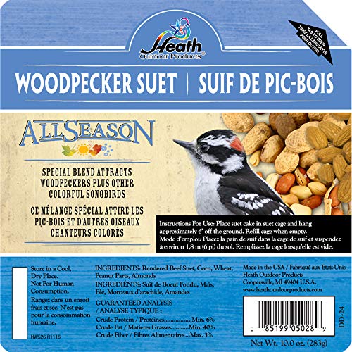 Heath Outdoor Products DD-24 Woodpecker Suet Cake Specially Blend To Attract Woodperkers and Other Colorful Songbirds All-Season No Melt, 5.2 x 1.2 x 5.2 inches, 10 Ounce x 12 Pack, Blue