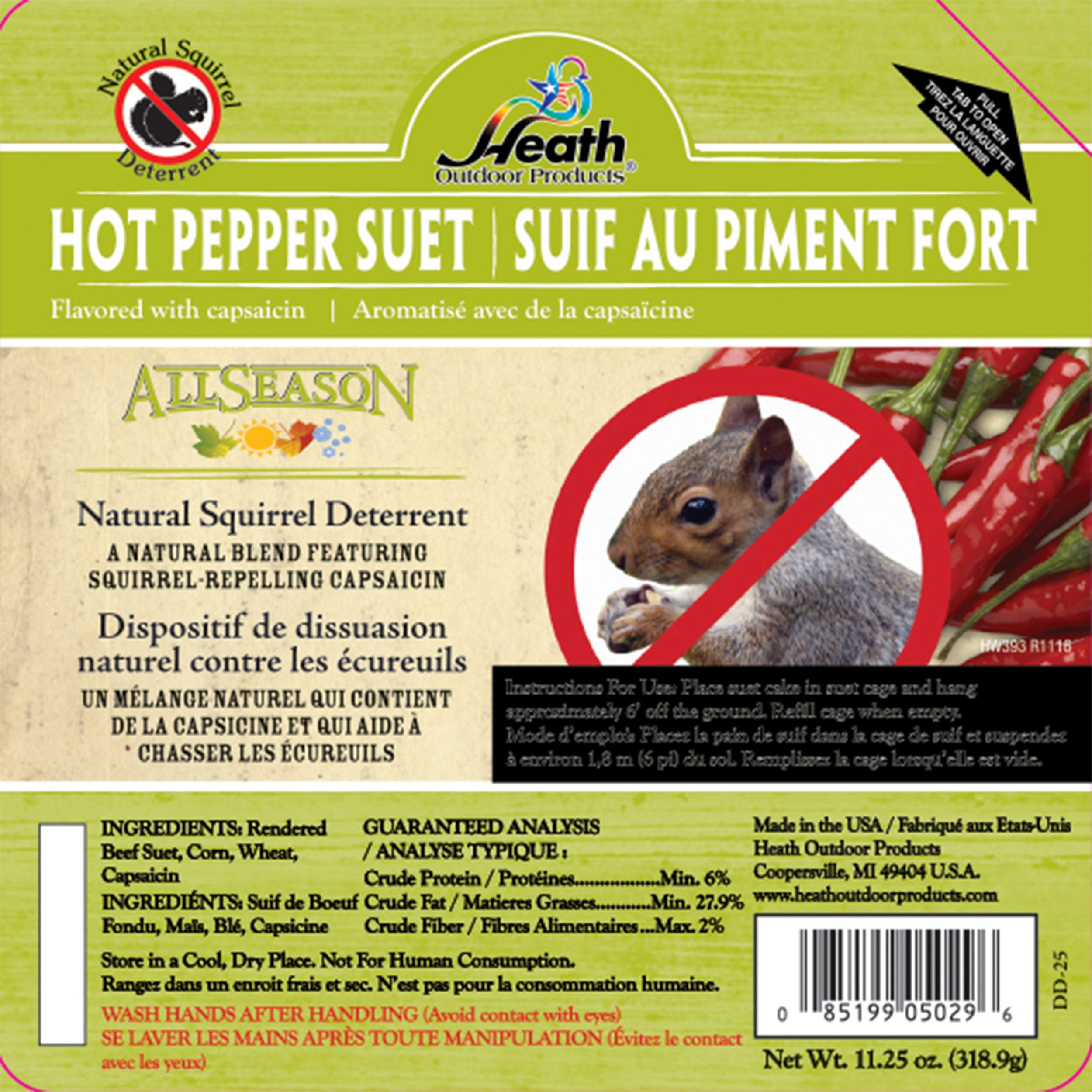 Heath Outdoor Products DD-25 Hot Pepper Suet Cake, Natural Blend Squirrel Repelling Capsaicin and All-Season Colorful Songbirds Attractant, 11.25-Ounce, 12 Pack